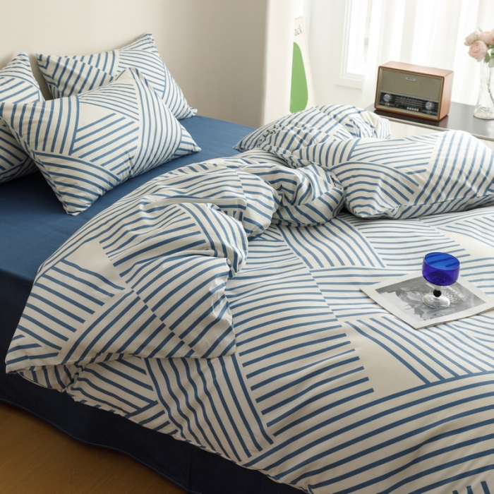 91家纺网 家纺一手货源 找家纺 蓝邻家纺 2023新款全棉印花四件套简约系类四件套 语初-蓝