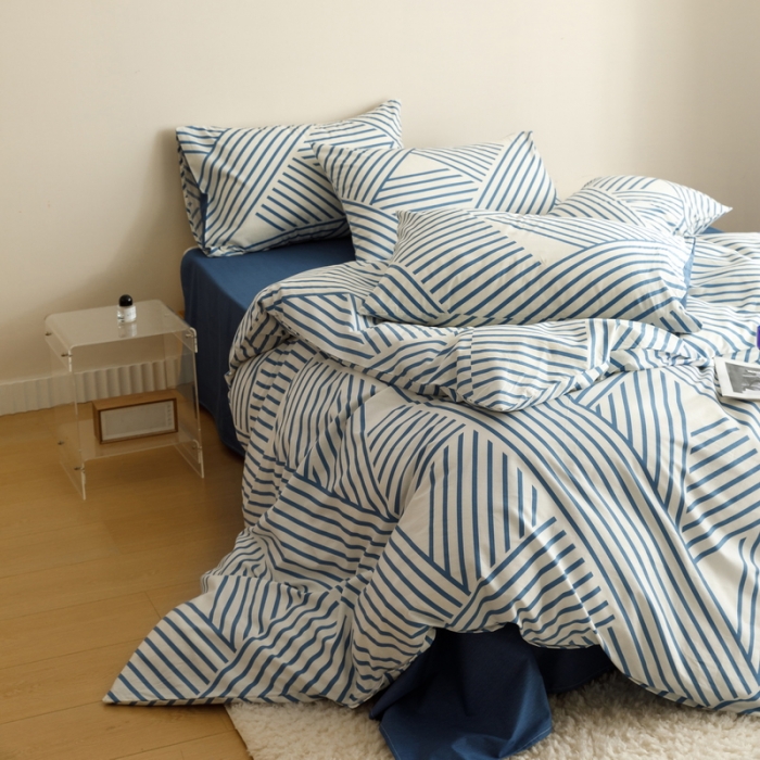 91家纺网 家纺一手货源 找家纺 蓝邻家纺 2023新款全棉印花四件套简约系类四件套 语初-蓝