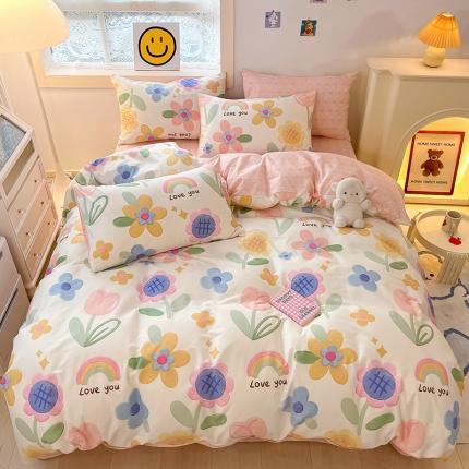 91家纺网 家纺一手货源 找家纺 卡巴伦2023新款春夏全棉小清新系列四件套 彩虹花园