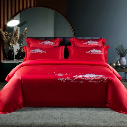 91家纺网 家纺一手货源 找家纺 振翼2025新品60贡缎水洗天丝纯色婚庆四件套 山盟海誓墨绿