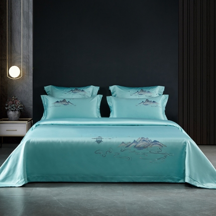 91家纺网 家纺一手货源 找家纺 振翼2025新品60贡缎水洗天丝纯色婚庆四件套 山盟海誓墨绿