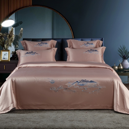 91家纺网 家纺一手货源 找家纺 振翼2025新品60贡缎水洗天丝纯色婚庆四件套 山盟海誓墨绿