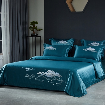 91家纺网 家纺一手货源 找家纺 振翼2025新品60贡缎水洗天丝纯色婚庆四件套 山盟海誓墨绿