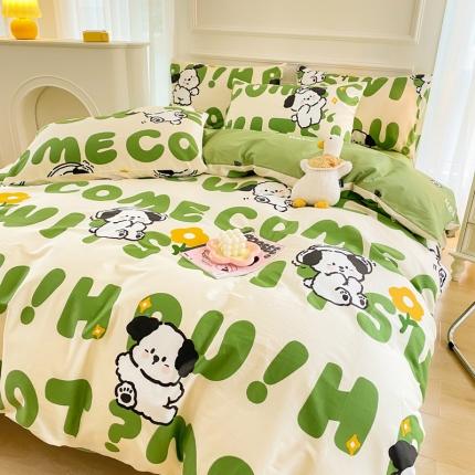 91家纺网 家纺一手货源 找家纺 星巴k家纺 2023全棉13372花卉印花简约四件套字母小狗