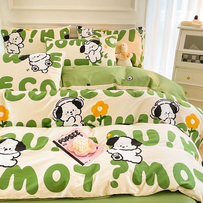 91家纺网 家纺一手货源 找家纺 星巴k家纺 2023全棉13372花卉印花简约四件套字母小狗