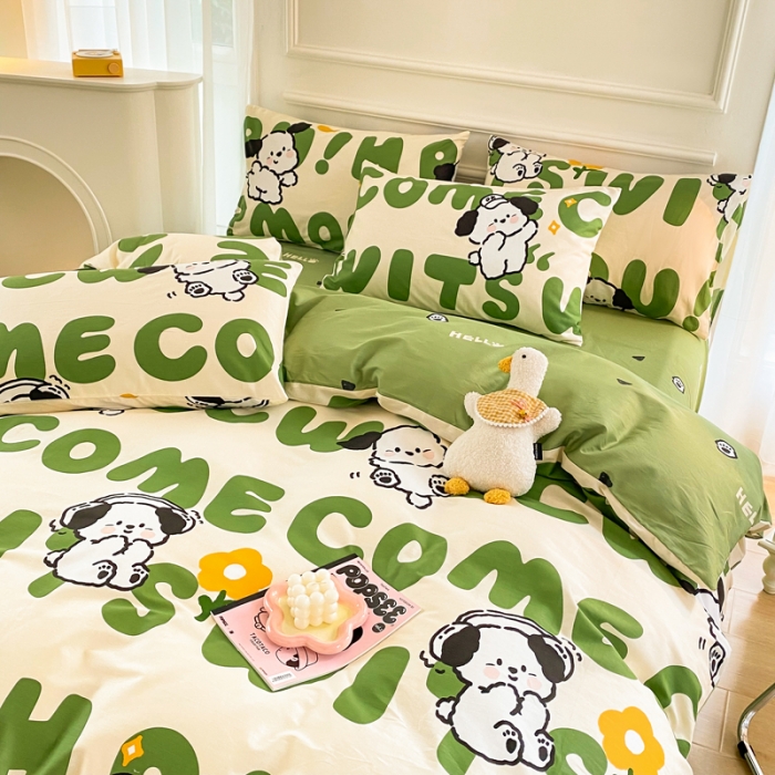 91家纺网 家纺一手货源 找家纺 星巴k家纺 2023全棉13372花卉印花简约四件套字母小狗