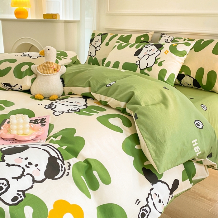 91家纺网 家纺一手货源 找家纺 星巴k家纺 2023全棉13372花卉印花简约四件套字母小狗