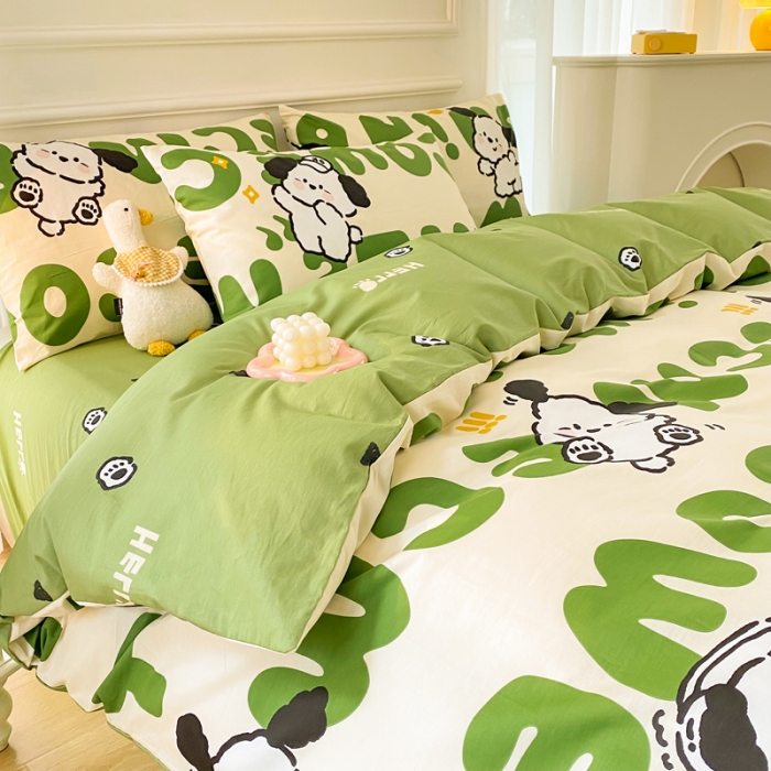 91家纺网 家纺一手货源 找家纺 星巴k家纺 2023全棉13372花卉印花简约四件套字母小狗