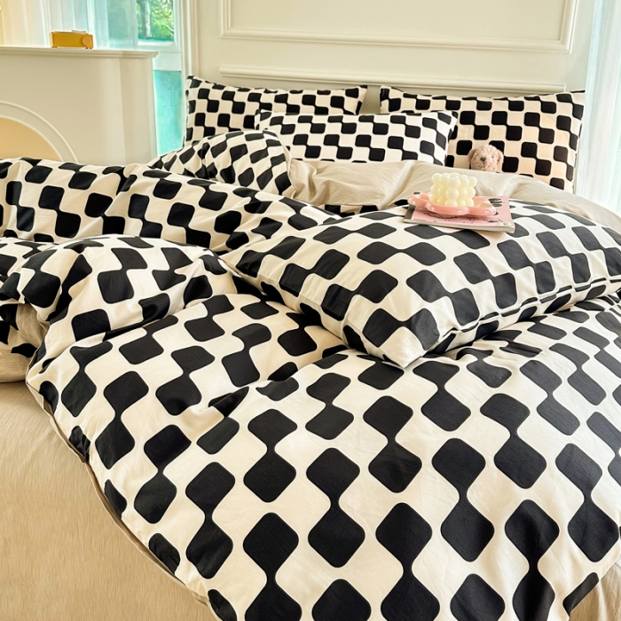 91家纺网 家纺一手货源 找家纺 星巴k家纺 2023全棉13372花卉印花简约四件套棋盘格