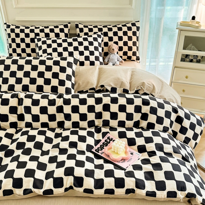 91家纺网 家纺一手货源 找家纺 星巴k家纺 2023全棉13372花卉印花简约四件套棋盘格