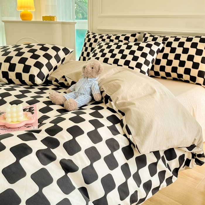 91家纺网 家纺一手货源 找家纺 星巴k家纺 2023全棉13372花卉印花简约四件套棋盘格