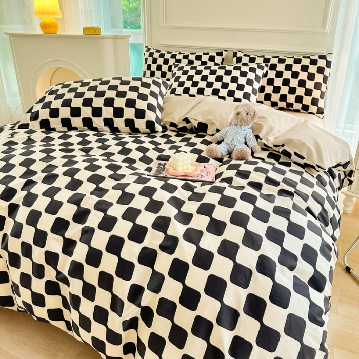 91家纺网 家纺一手货源 找家纺 星巴k家纺 2023全棉13372花卉印花简约四件套棋盘格