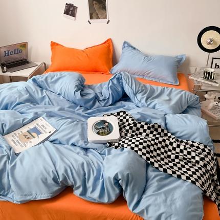 91家纺网 家纺一手货源 找家纺 贝拉梦 2023款亲肤棉纯色拼色治 愈系四件套 海洋天蓝+橘子汽水