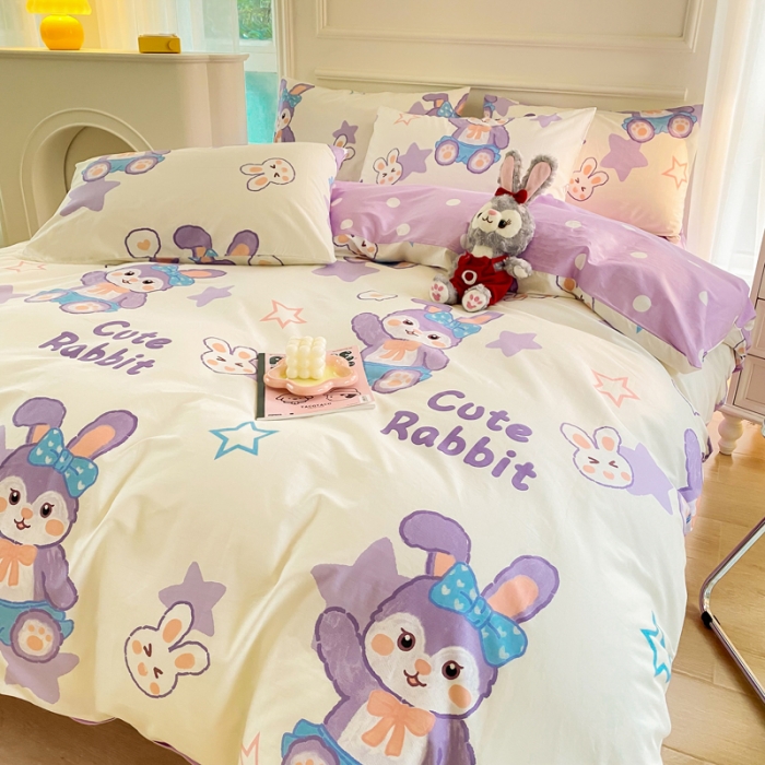 91家纺网 家纺一手货源 找家纺 星巴k家纺 2023全棉13372花卉印花简约四件套星戴兔