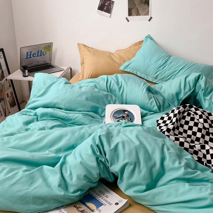 91家纺网 家纺一手货源 找家纺 贝拉梦 2023款亲肤棉纯色拼色治 愈系四件套 蒂凡尼蓝+太妃糖