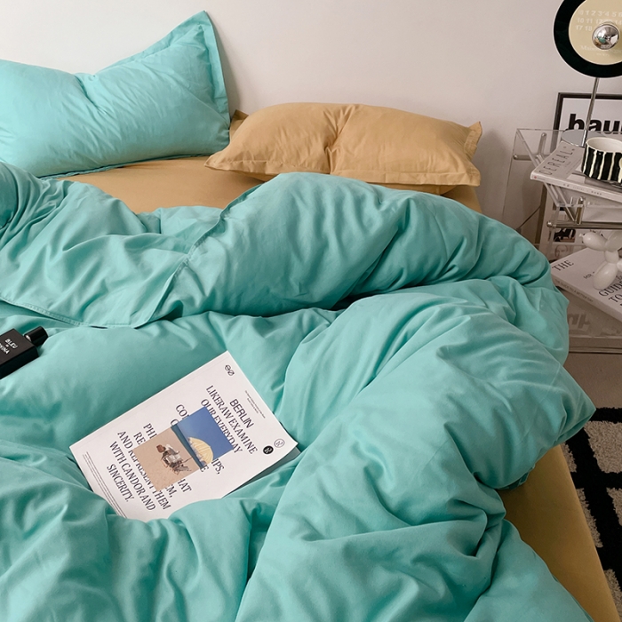 91家纺网 家纺一手货源 找家纺 贝拉梦 2023款亲肤棉纯色拼色治 愈系四件套 蒂凡尼蓝+太妃糖