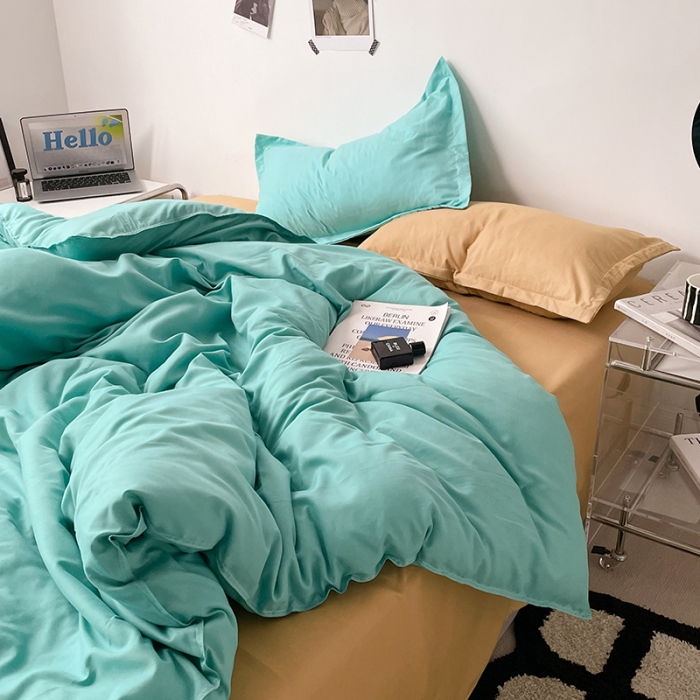 91家纺网 家纺一手货源 找家纺 贝拉梦 2023款亲肤棉纯色拼色治 愈系四件套 蒂凡尼蓝+太妃糖