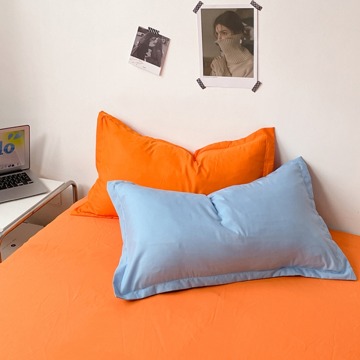 91家纺网 家纺一手货源 找家纺 贝拉梦 2023款亲肤棉纯色拼色治 愈系四件套 海洋天蓝+橘子汽水