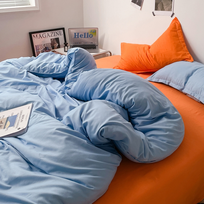 91家纺网 家纺一手货源 找家纺 贝拉梦 2023款亲肤棉纯色拼色治 愈系四件套 海洋天蓝+橘子汽水