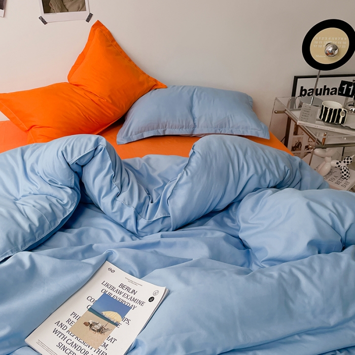 91家纺网 家纺一手货源 找家纺 贝拉梦 2023款亲肤棉纯色拼色治 愈系四件套 海洋天蓝+橘子汽水