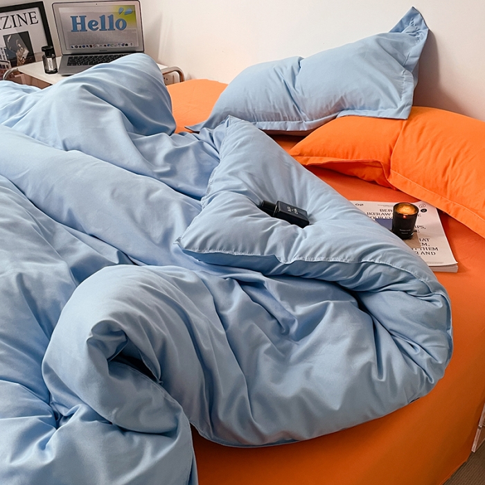 91家纺网 家纺一手货源 找家纺 贝拉梦 2023款亲肤棉纯色拼色治 愈系四件套 海洋天蓝+橘子汽水