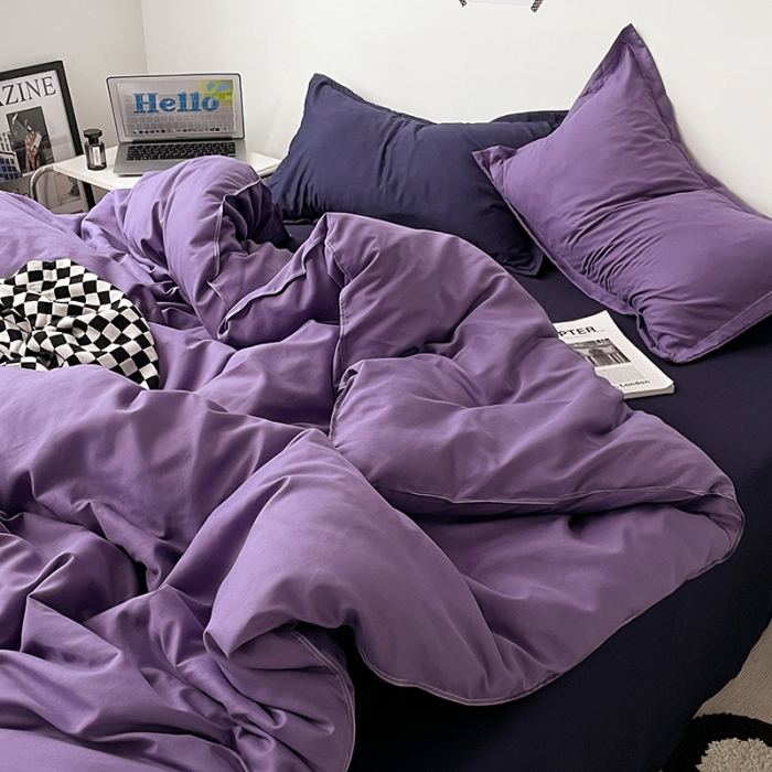 91家纺网 家纺一手货源 找家纺 贝拉梦 2023款亲肤棉纯色拼色治 愈系四件套 柔雾紫+深空蓝