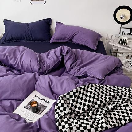 贝拉梦 2023款亲肤棉纯色拼色治 愈系四件套 柔雾紫+深空蓝