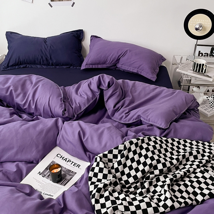 91家纺网 家纺一手货源 找家纺 贝拉梦 2023款亲肤棉纯色拼色治 愈系四件套 柔雾紫+深空蓝