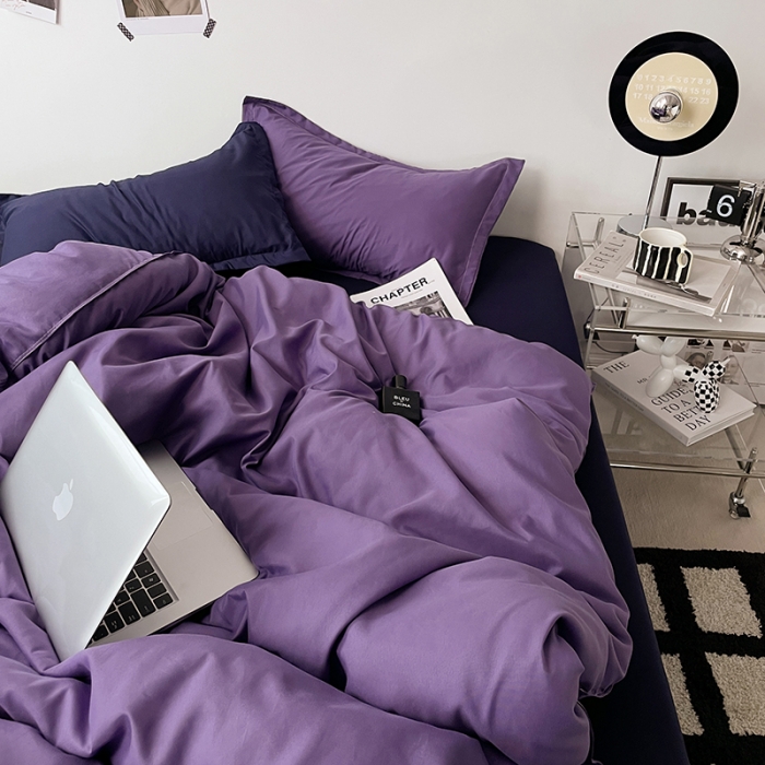 91家纺网 家纺一手货源 找家纺 贝拉梦 2023款亲肤棉纯色拼色治 愈系四件套 柔雾紫+深空蓝