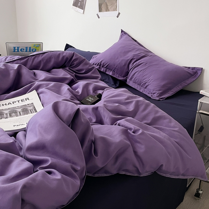 91家纺网 家纺一手货源 找家纺 贝拉梦 2023款亲肤棉纯色拼色治 愈系四件套 柔雾紫+深空蓝