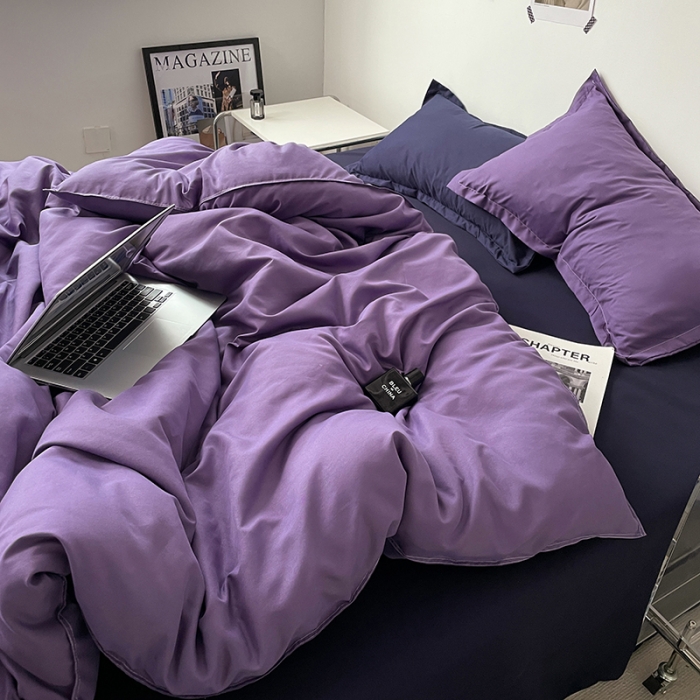 91家纺网 家纺一手货源 找家纺 贝拉梦 2023款亲肤棉纯色拼色治 愈系四件套 柔雾紫+深空蓝