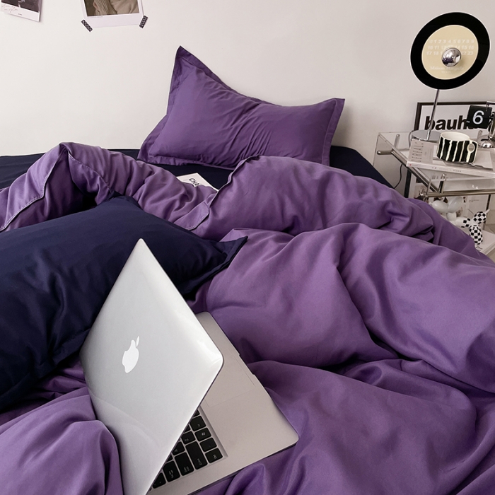 91家纺网 家纺一手货源 找家纺 贝拉梦 2023款亲肤棉纯色拼色治 愈系四件套 柔雾紫+深空蓝