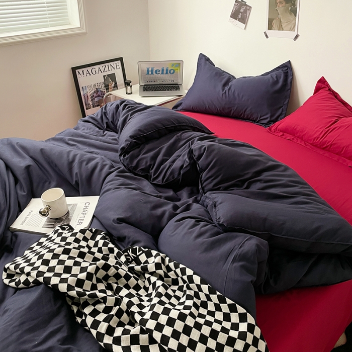 91家纺网 家纺一手货源 找家纺 贝拉梦 2023款亲肤棉纯色拼色治 愈系四件套 深空蓝+波尔多红