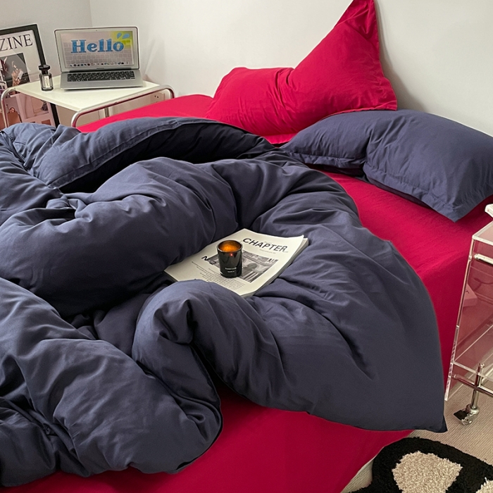 91家纺网 家纺一手货源 找家纺 贝拉梦 2023款亲肤棉纯色拼色治 愈系四件套 深空蓝+波尔多红