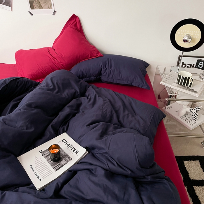 91家纺网 家纺一手货源 找家纺 贝拉梦 2023款亲肤棉纯色拼色治 愈系四件套 深空蓝+波尔多红