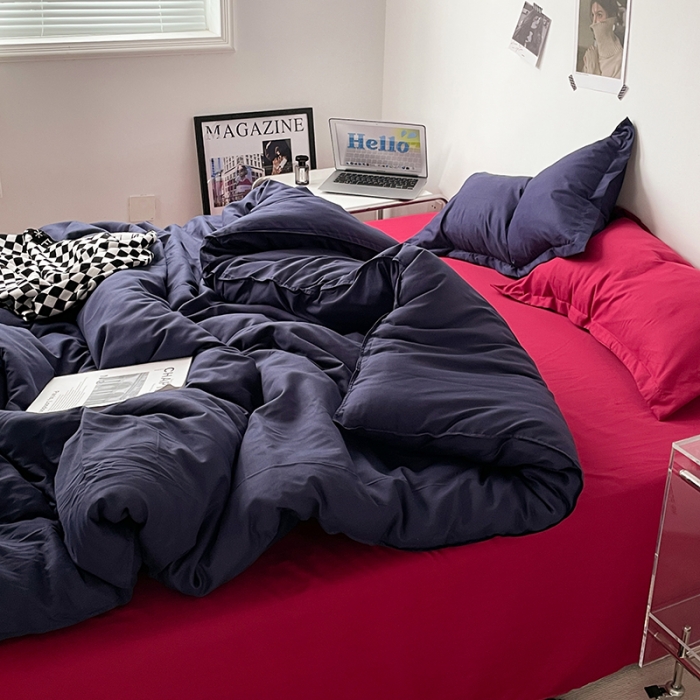 91家纺网 家纺一手货源 找家纺 贝拉梦 2023款亲肤棉纯色拼色治 愈系四件套 深空蓝+波尔多红