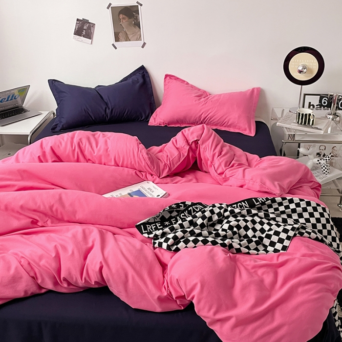 91家纺网 家纺一手货源 找家纺 贝拉梦 2023款亲肤棉纯色拼色治 愈系四件套 树莓红+深空蓝