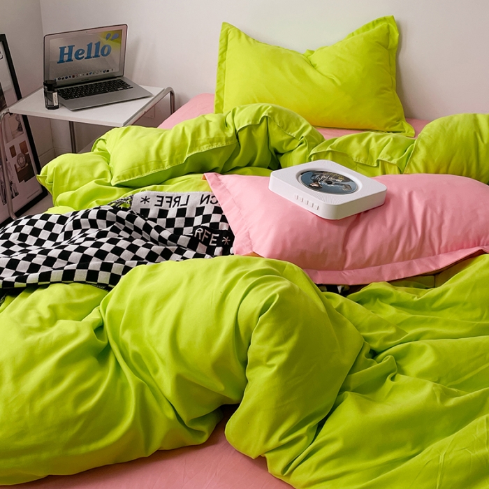 91家纺网 家纺一手货源 找家纺 贝拉梦 2023款亲肤棉纯色拼色治 愈系四件套 樱草色+蜜桃粉