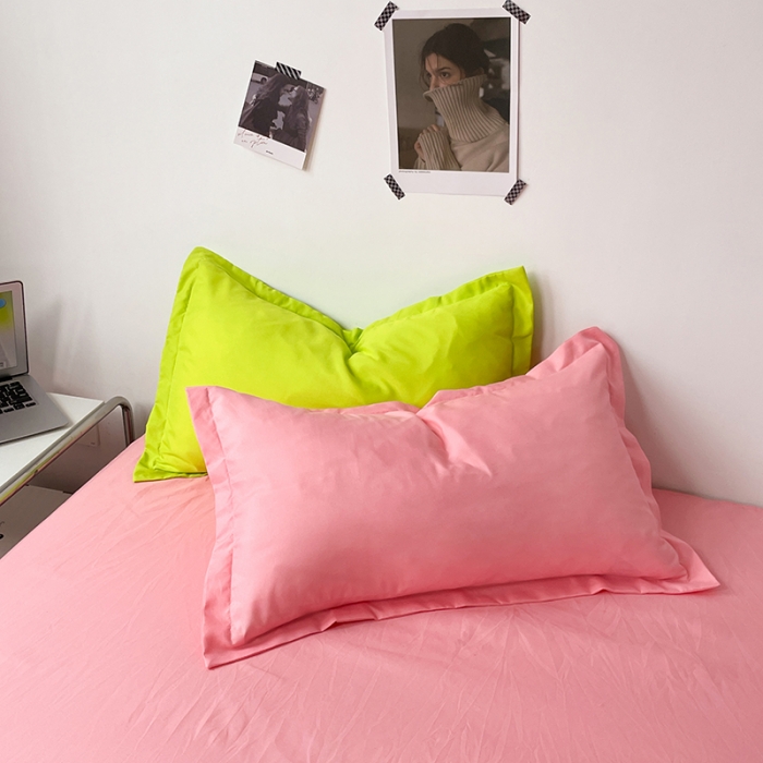 91家纺网 家纺一手货源 找家纺 贝拉梦 2023款亲肤棉纯色拼色治 愈系四件套 樱草色+蜜桃粉