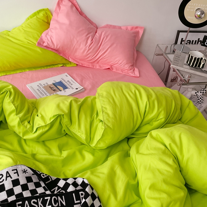 91家纺网 家纺一手货源 找家纺 贝拉梦 2023款亲肤棉纯色拼色治 愈系四件套 樱草色+蜜桃粉