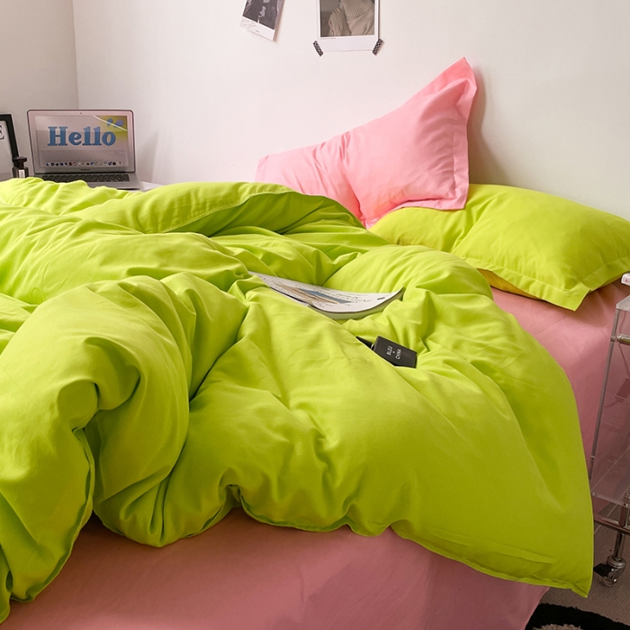 91家纺网 家纺一手货源 找家纺 贝拉梦 2023款亲肤棉纯色拼色治 愈系四件套 樱草色+蜜桃粉