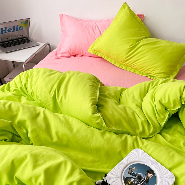 91家纺网 家纺一手货源 找家纺 贝拉梦 2023款亲肤棉纯色拼色治 愈系四件套 樱草色+蜜桃粉