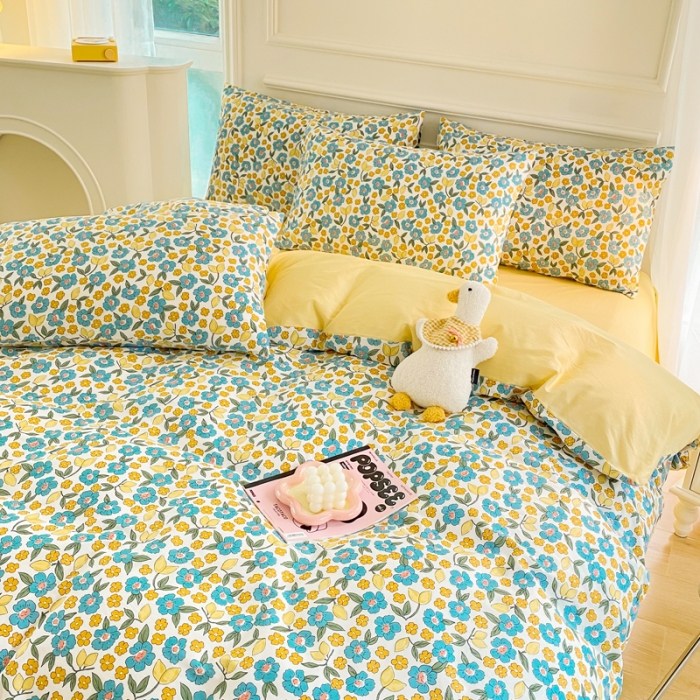 91家纺网 家纺一手货源 找家纺 星巴k家纺 2023全棉13372花卉印花简约四件套漫野-蓝