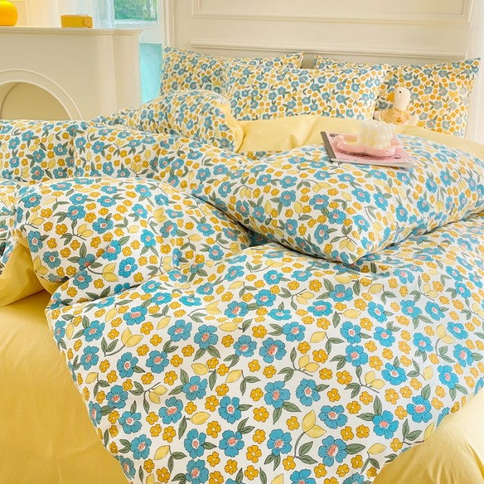 91家纺网 家纺一手货源 找家纺 星巴k家纺 2023全棉13372花卉印花简约四件套漫野-蓝