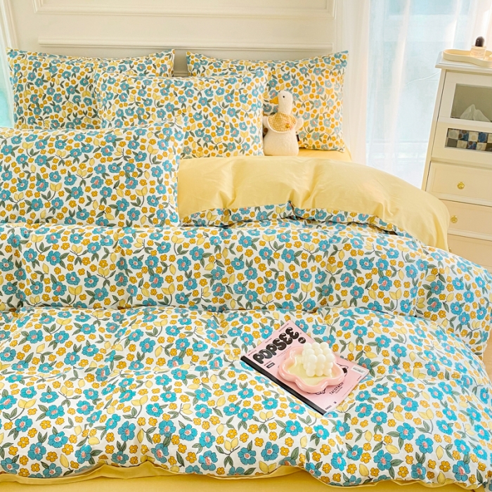 91家纺网 家纺一手货源 找家纺 星巴k家纺 2023全棉13372花卉印花简约四件套漫野-蓝