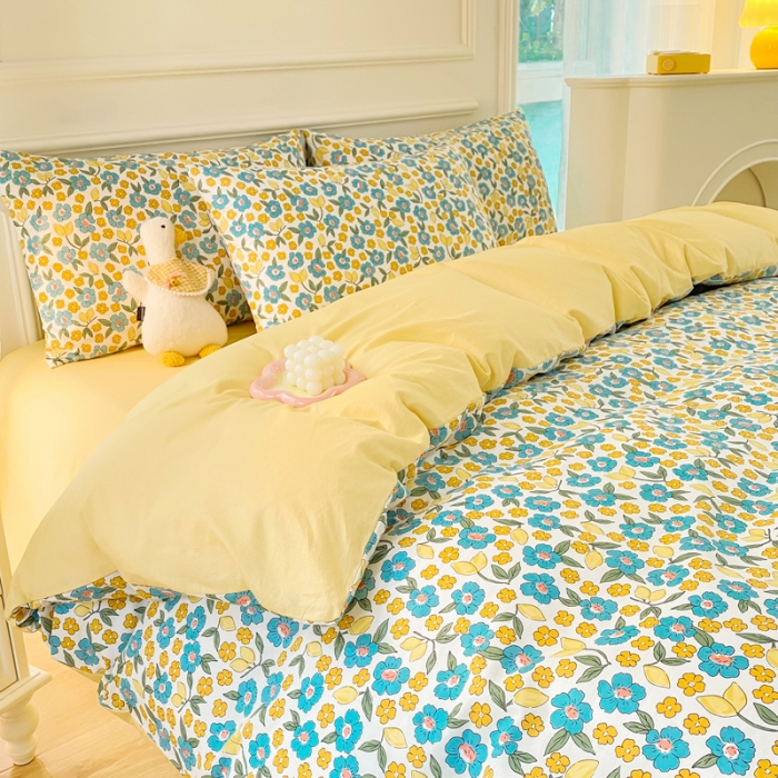 91家纺网 家纺一手货源 找家纺 星巴k家纺 2023全棉13372花卉印花简约四件套漫野-蓝