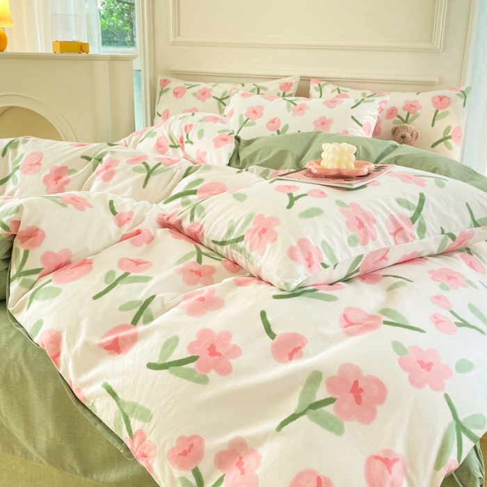 91家纺网 家纺一手货源 找家纺 星巴k家纺 2023全棉13372花卉印花简约四件套蜜茶花