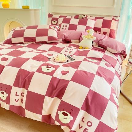 91家纺网 家纺一手货源 找家纺 星巴k家纺 2023全棉13372花卉印花简约四件套草莓熊