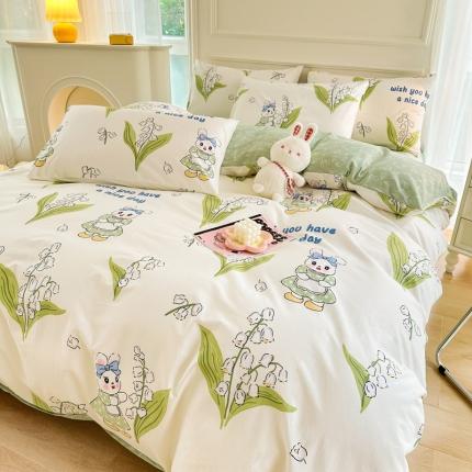 91家纺网 家纺一手货源 找家纺 星巴k家纺 2023全棉13372花卉印花简约四件套铃兰兔