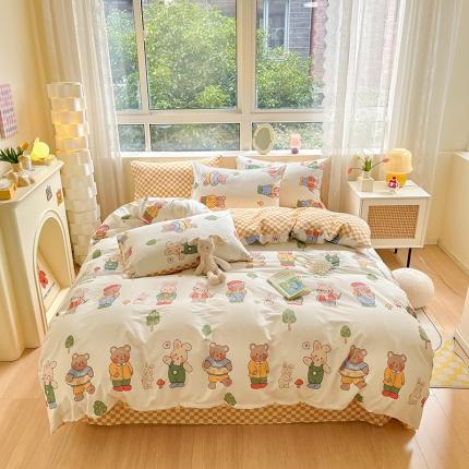 91家纺网 家纺一手货源 找家纺 金丝鸟 2023新款全棉小清新四件套 熊先生兔小姐